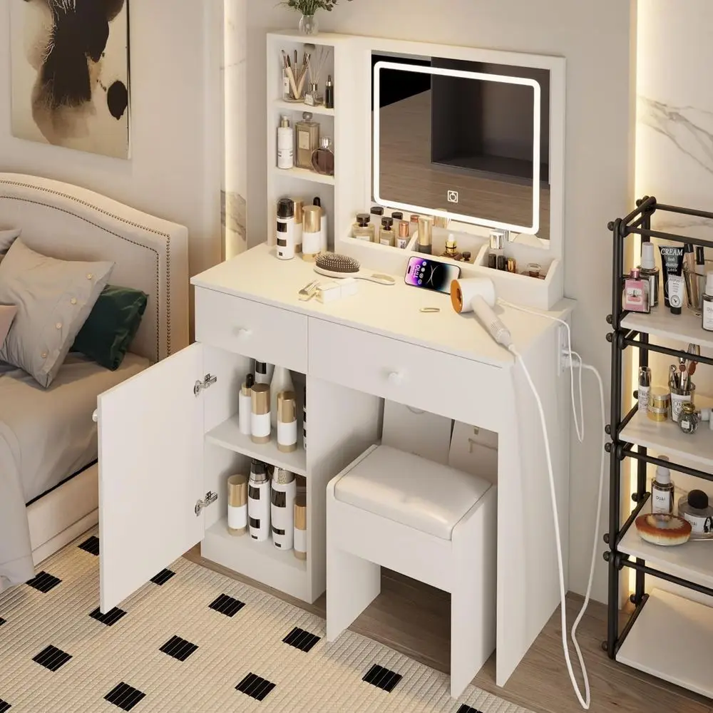 Beauty Makeup Outlet - Zestaw toaletki z lustrem, dużym schowkiem,